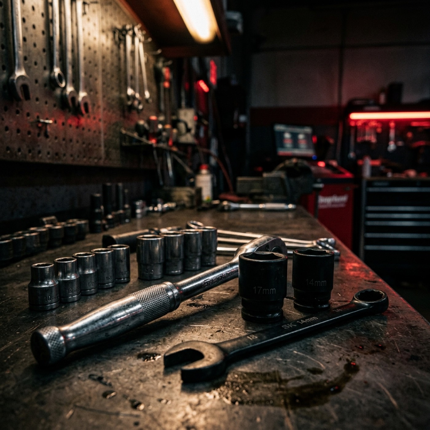 Snap-on ratels en doppen op een werkbank